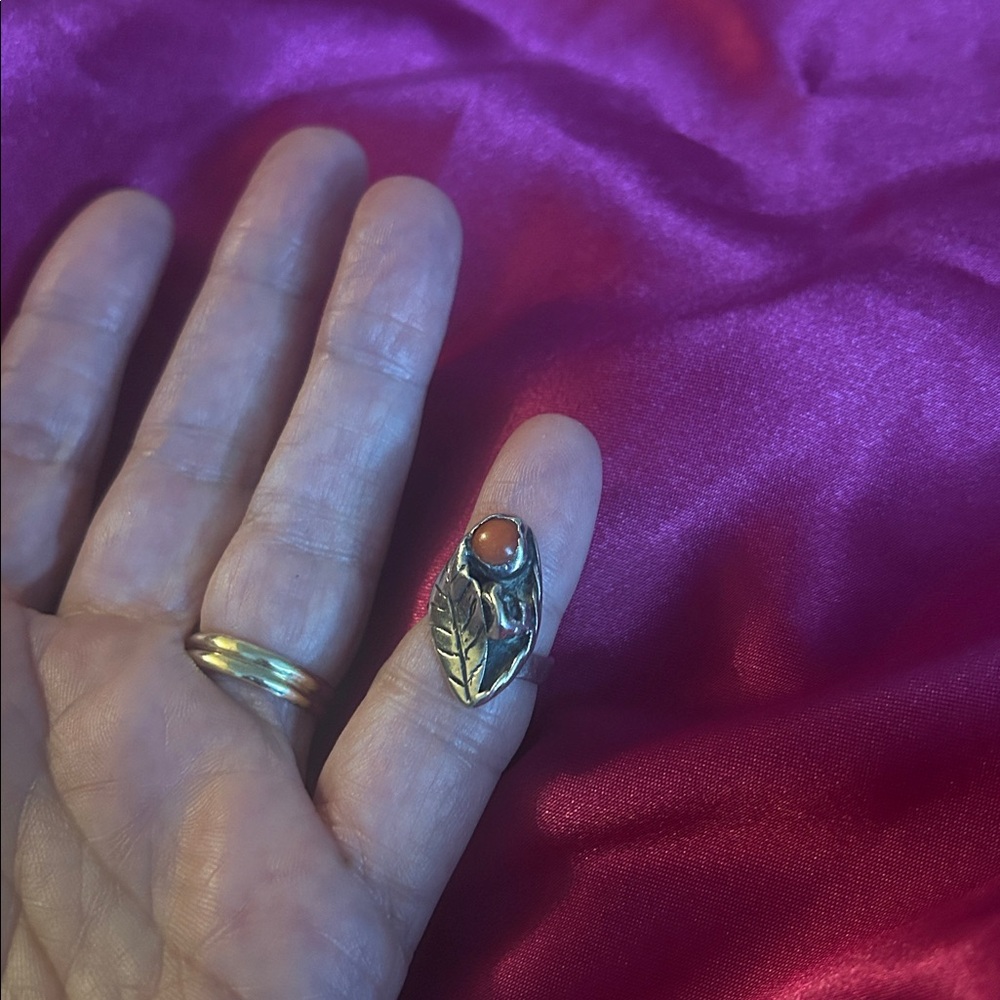 Silver Ring with Leaf and Coral Stone. Size 3